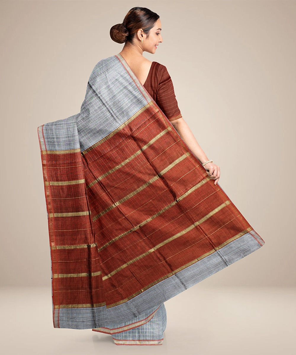 Grey brown handwoven raw silk bhagalpur saree