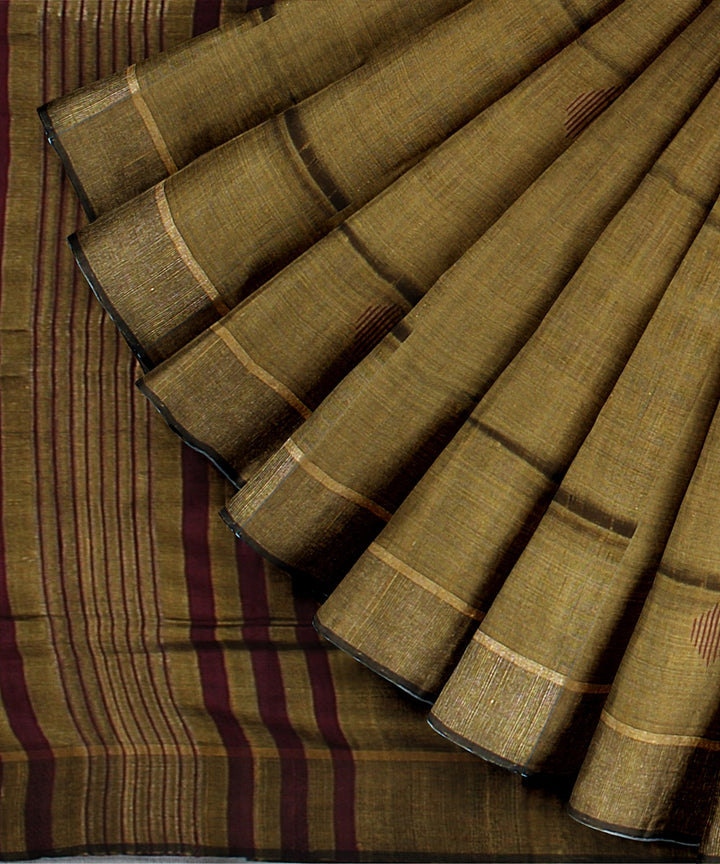 Olive green maroon handwoven raw silk bhagalpur saree