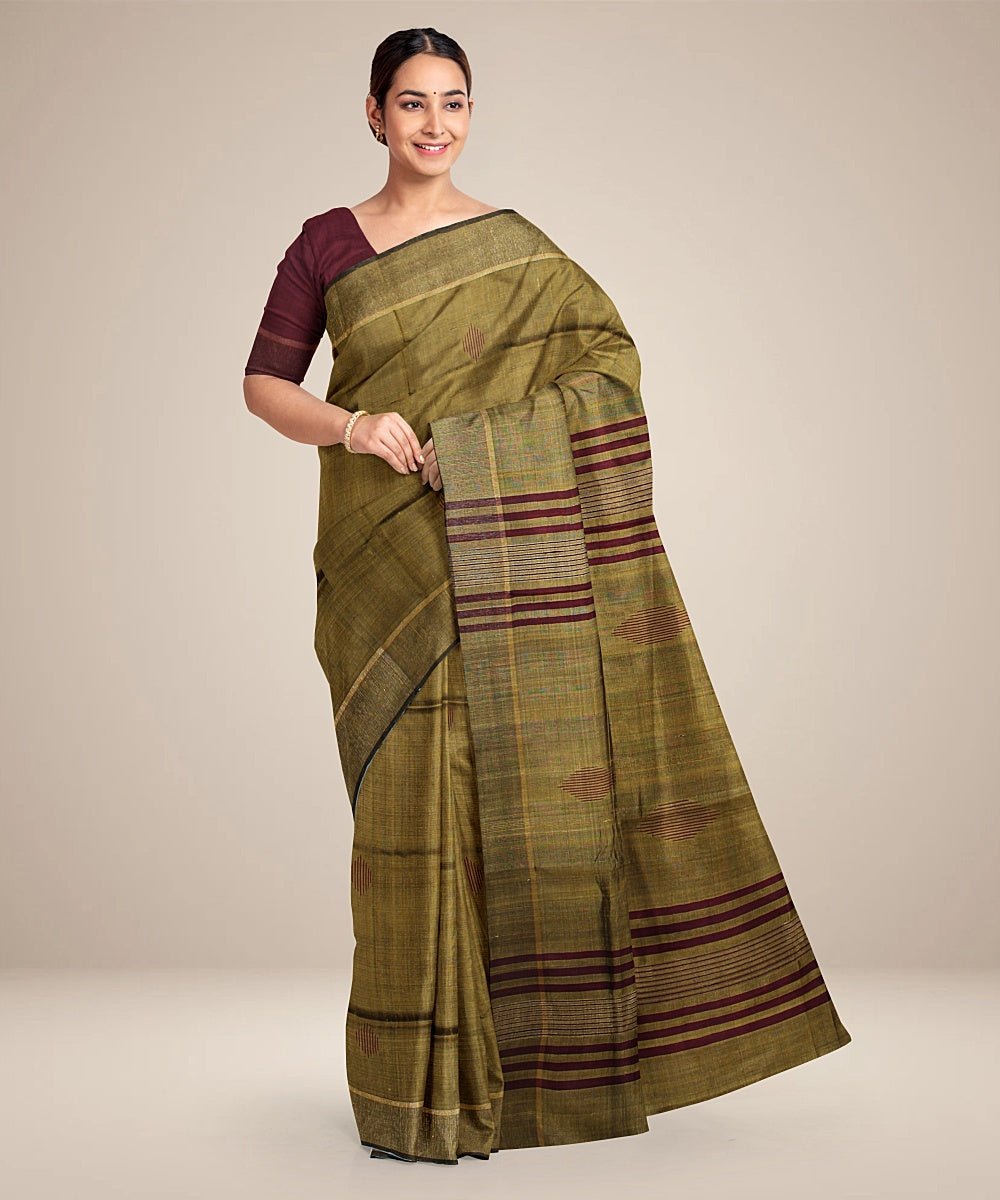 Olive green maroon handwoven raw silk bhagalpur saree