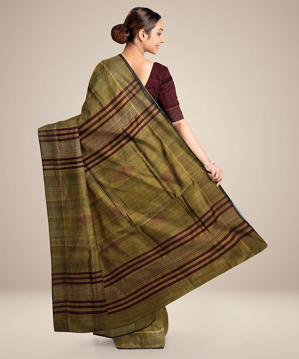 Olive green maroon handwoven raw silk bhagalpur saree