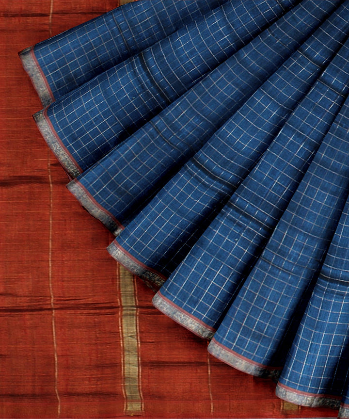 Navy blue brown handwoven raw silk bhagalpur saree