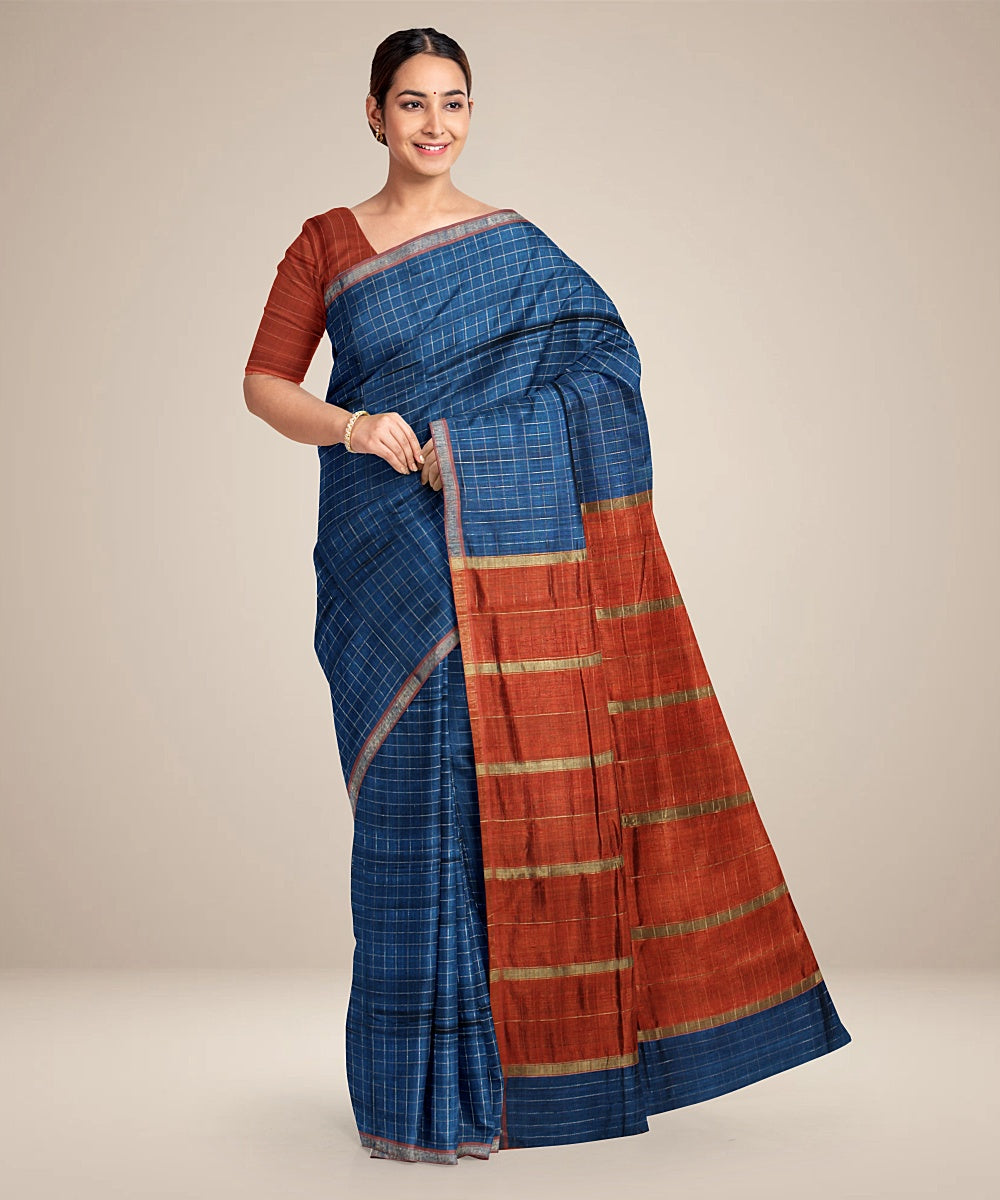 Navy blue brown handwoven raw silk bhagalpur saree