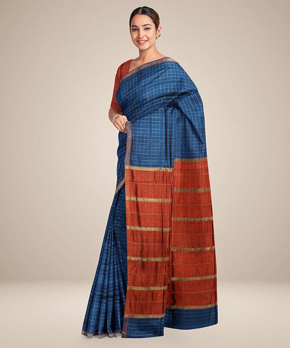 Navy blue brown handwoven raw silk bhagalpur saree