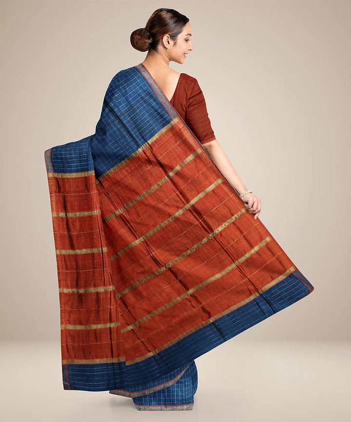 Navy blue brown handwoven raw silk bhagalpur saree