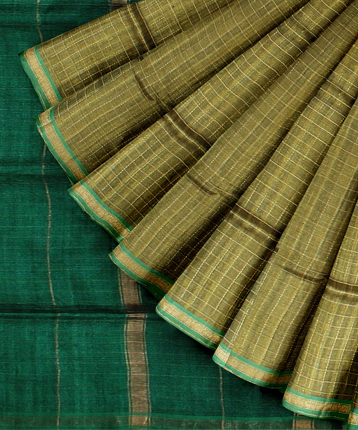 Olive green dark green handwoven raw silk bhagalpur saree