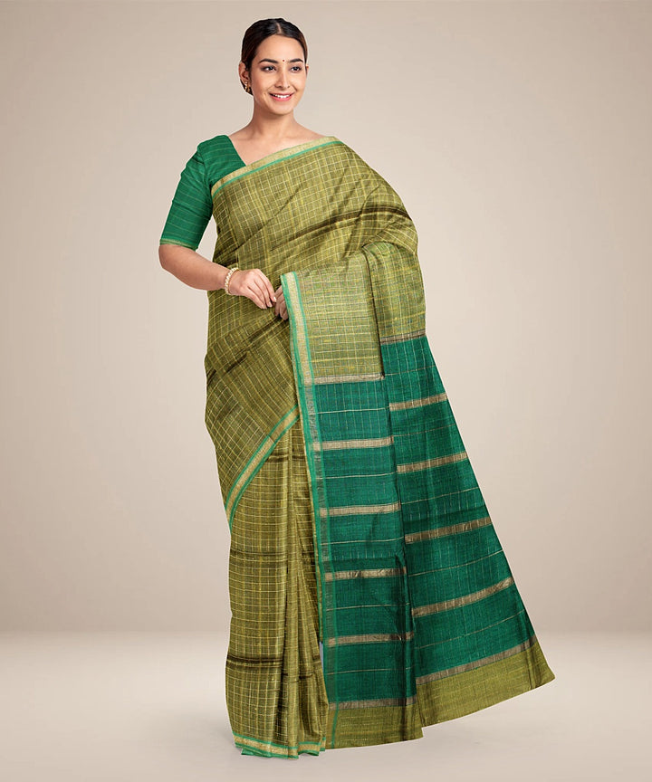 Olive green dark green handwoven raw silk bhagalpur saree