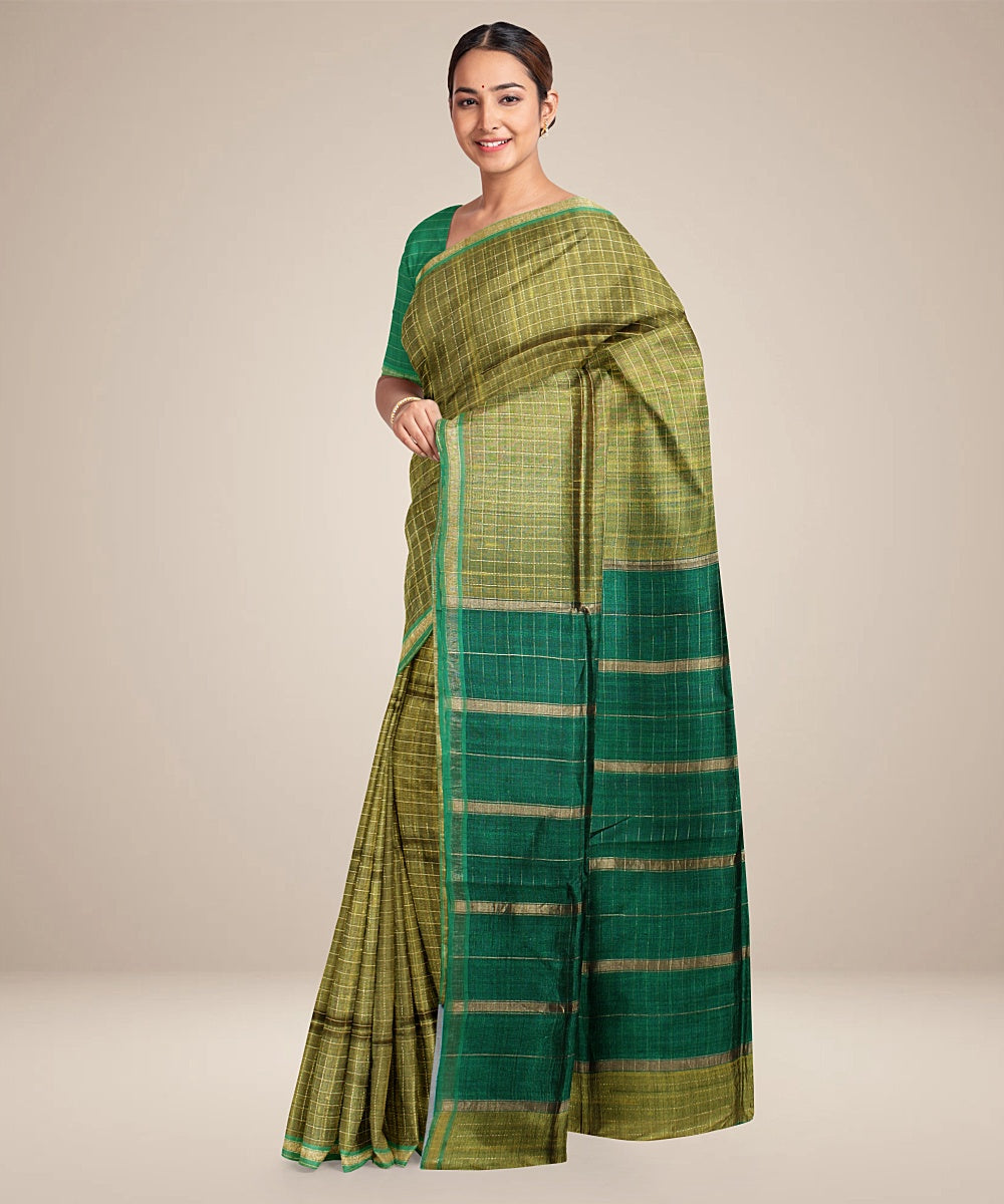 Olive green dark green handwoven raw silk bhagalpur saree