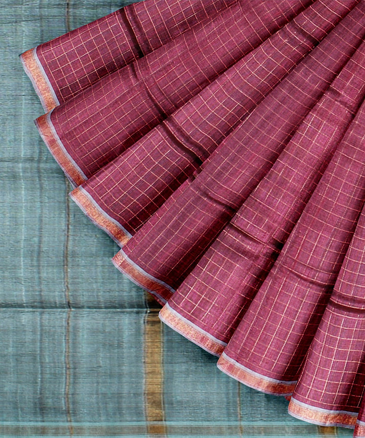 Pink cyan blue handwoven raw silk bhagalpur saree