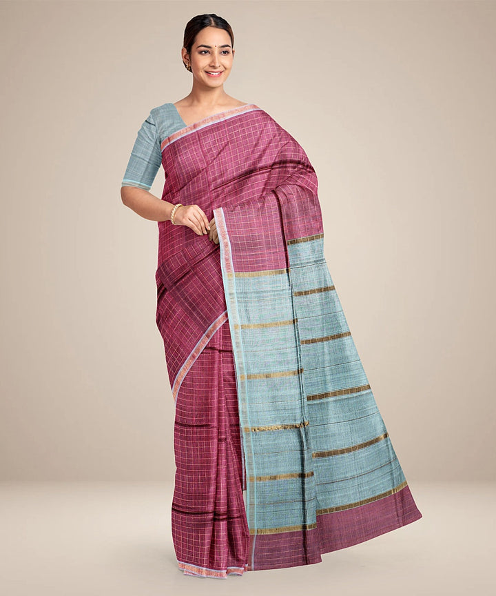 Pink cyan blue handwoven raw silk bhagalpur saree