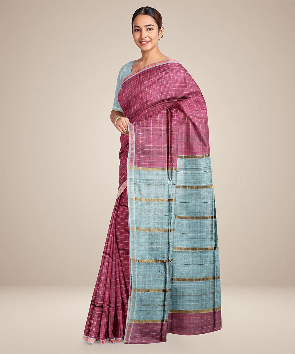 Pink cyan blue handwoven raw silk bhagalpur saree