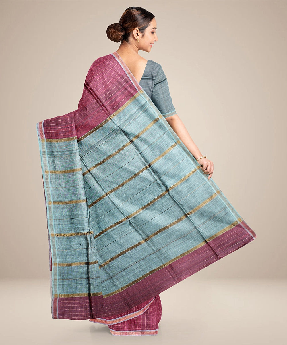 Pink cyan blue handwoven raw silk bhagalpur saree