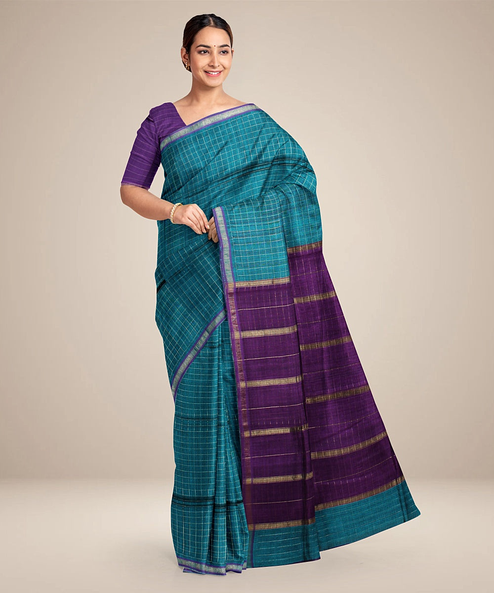 Dark green purple handwoven raw silk bhagalpur saree