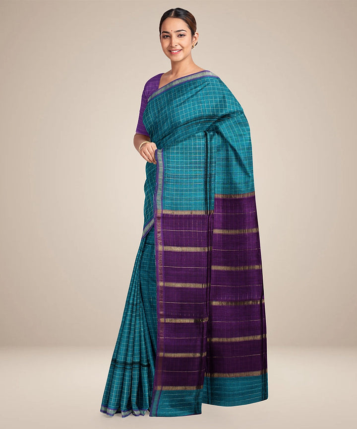 Dark green purple handwoven raw silk bhagalpur saree