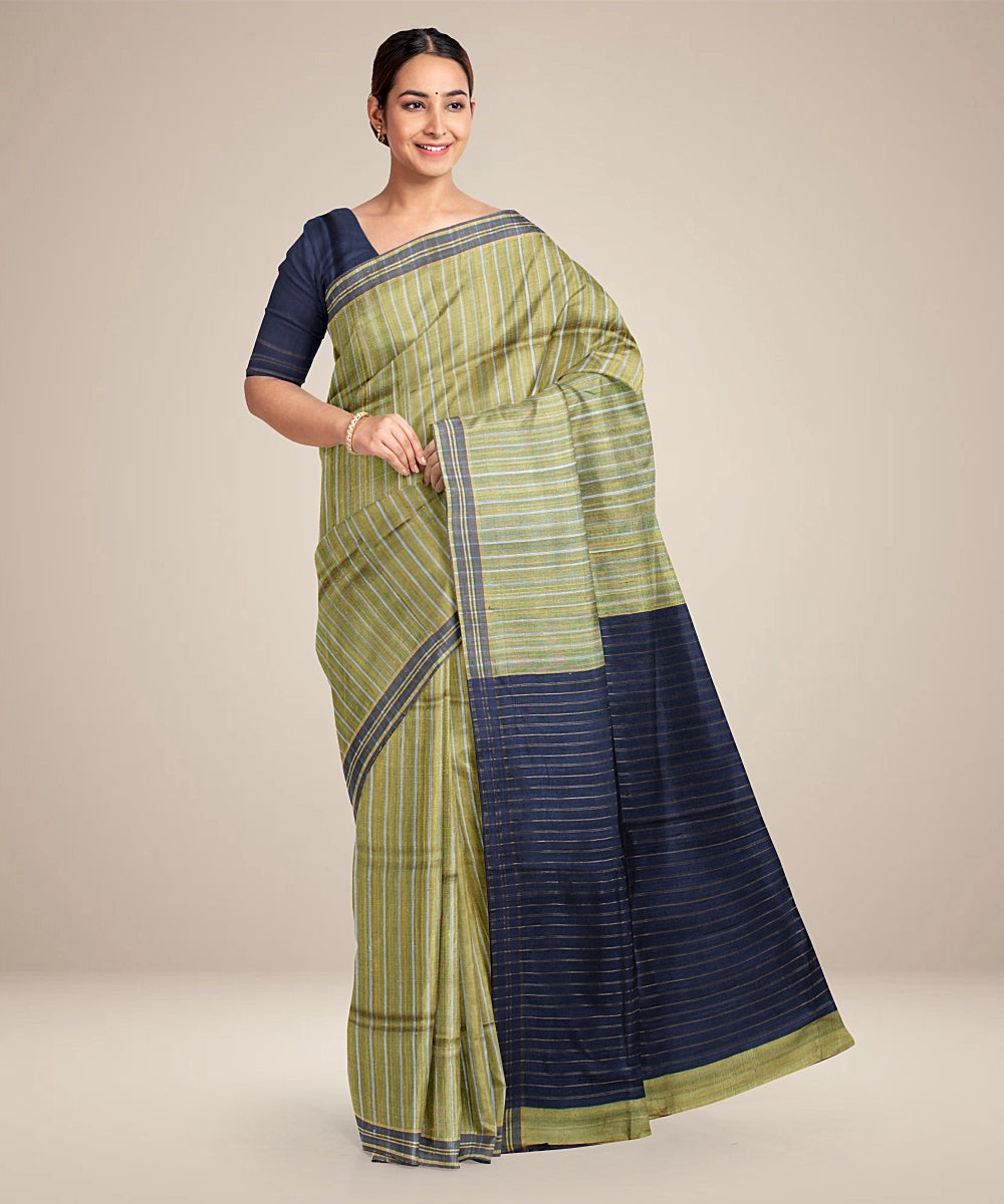 Light green black handwoven raw silk bhagalpur saree