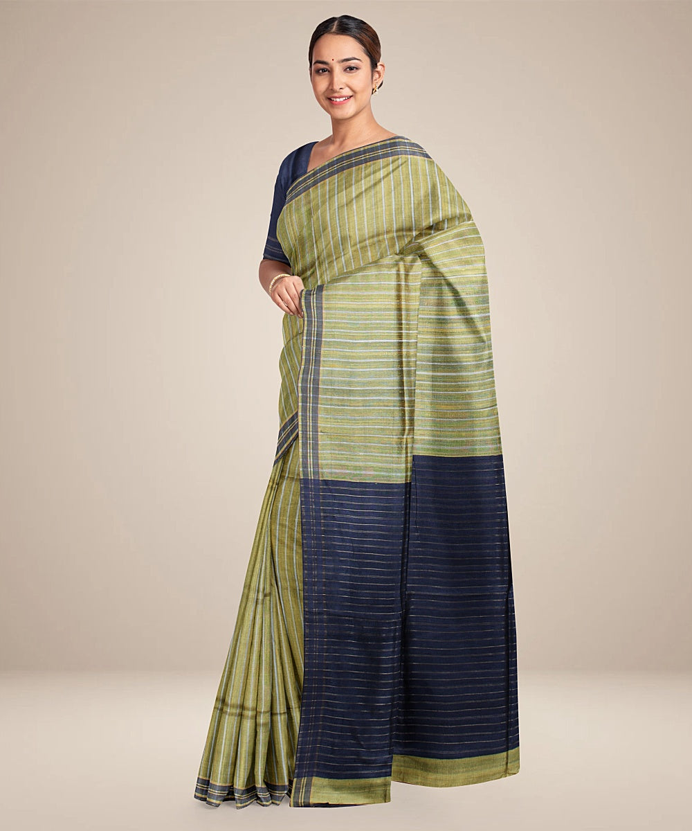 Light green black handwoven raw silk bhagalpur saree