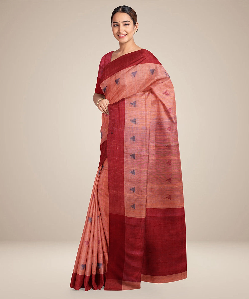 Pink maroon handwoven raw silk bhagalpur saree