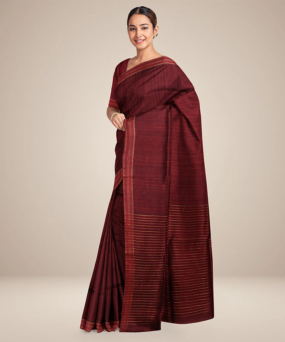 Maroon raw silk handwoven bhagalpur saree