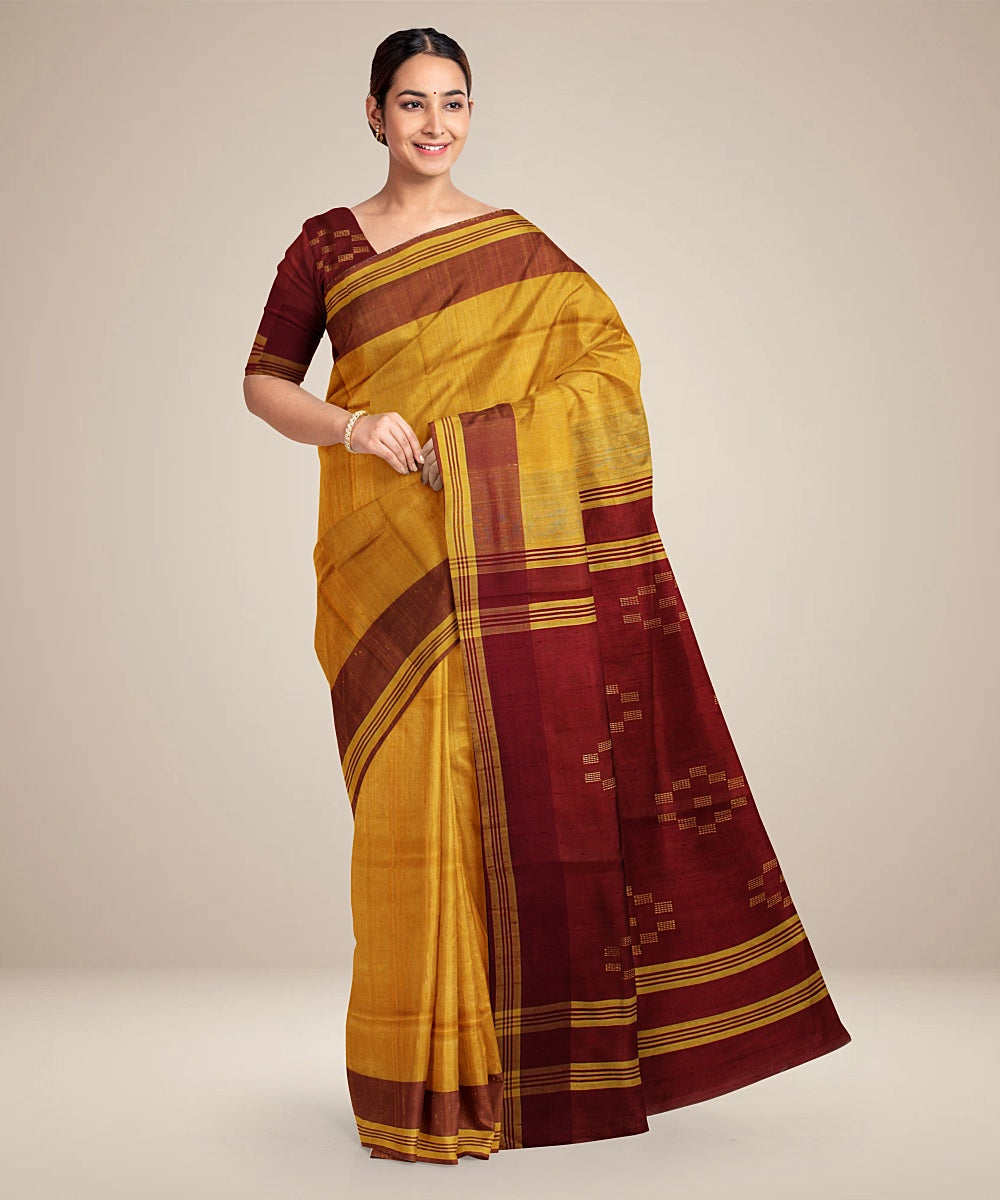 Yellow maroon handwoven raw silk bhagalpur saree