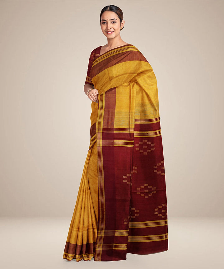 Yellow maroon handwoven raw silk bhagalpur saree