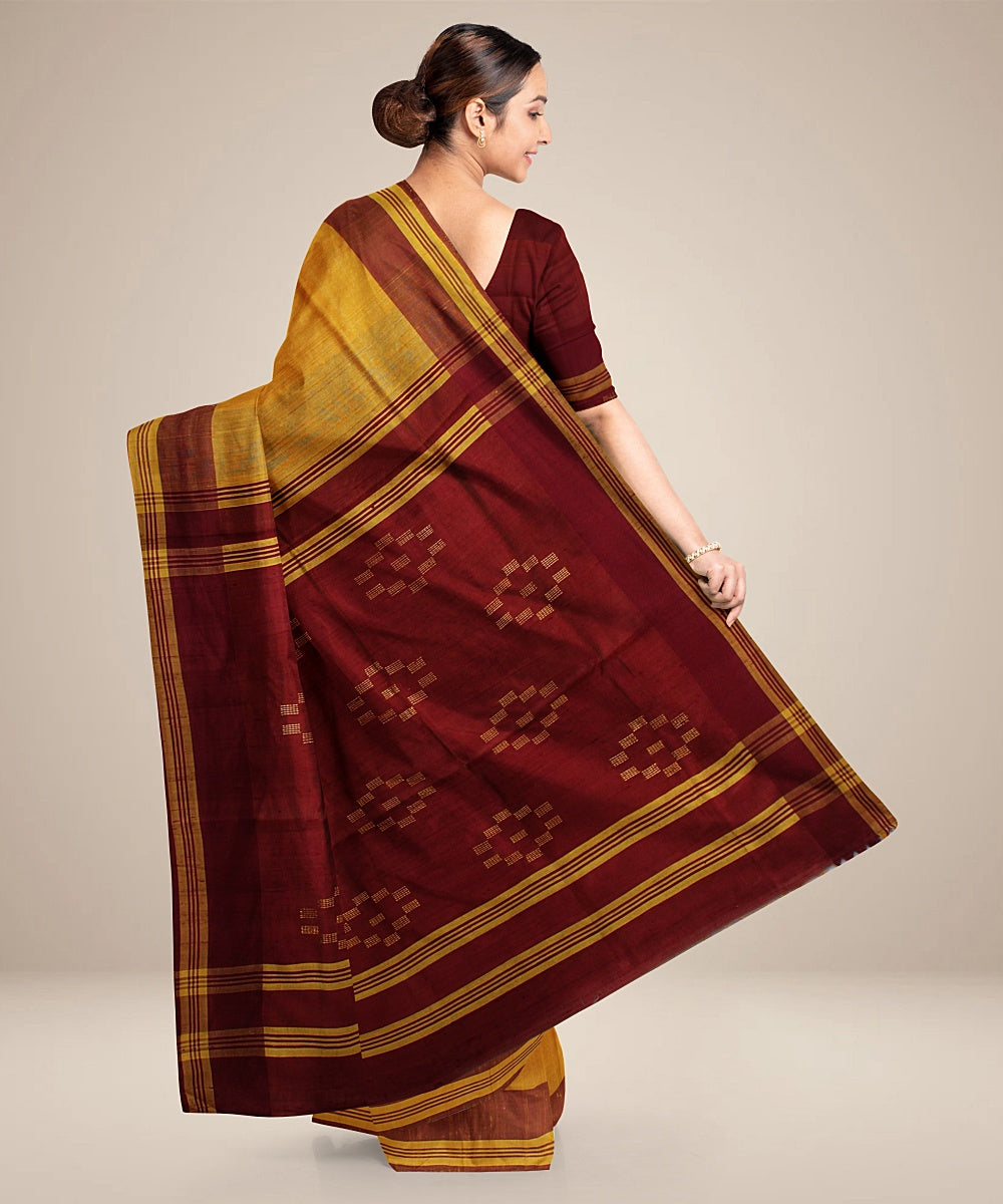 Yellow maroon handwoven raw silk bhagalpur saree