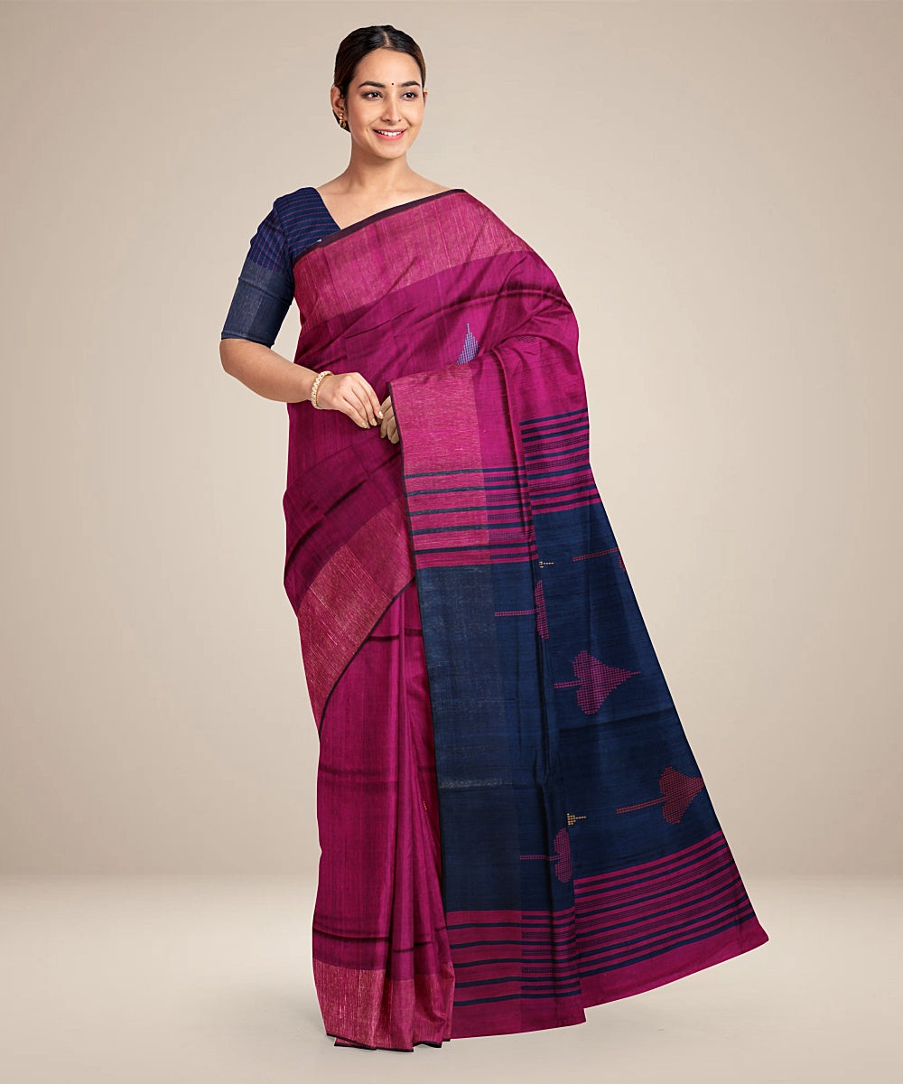 Purple navy blue raw silk handwoven bhagalpur saree