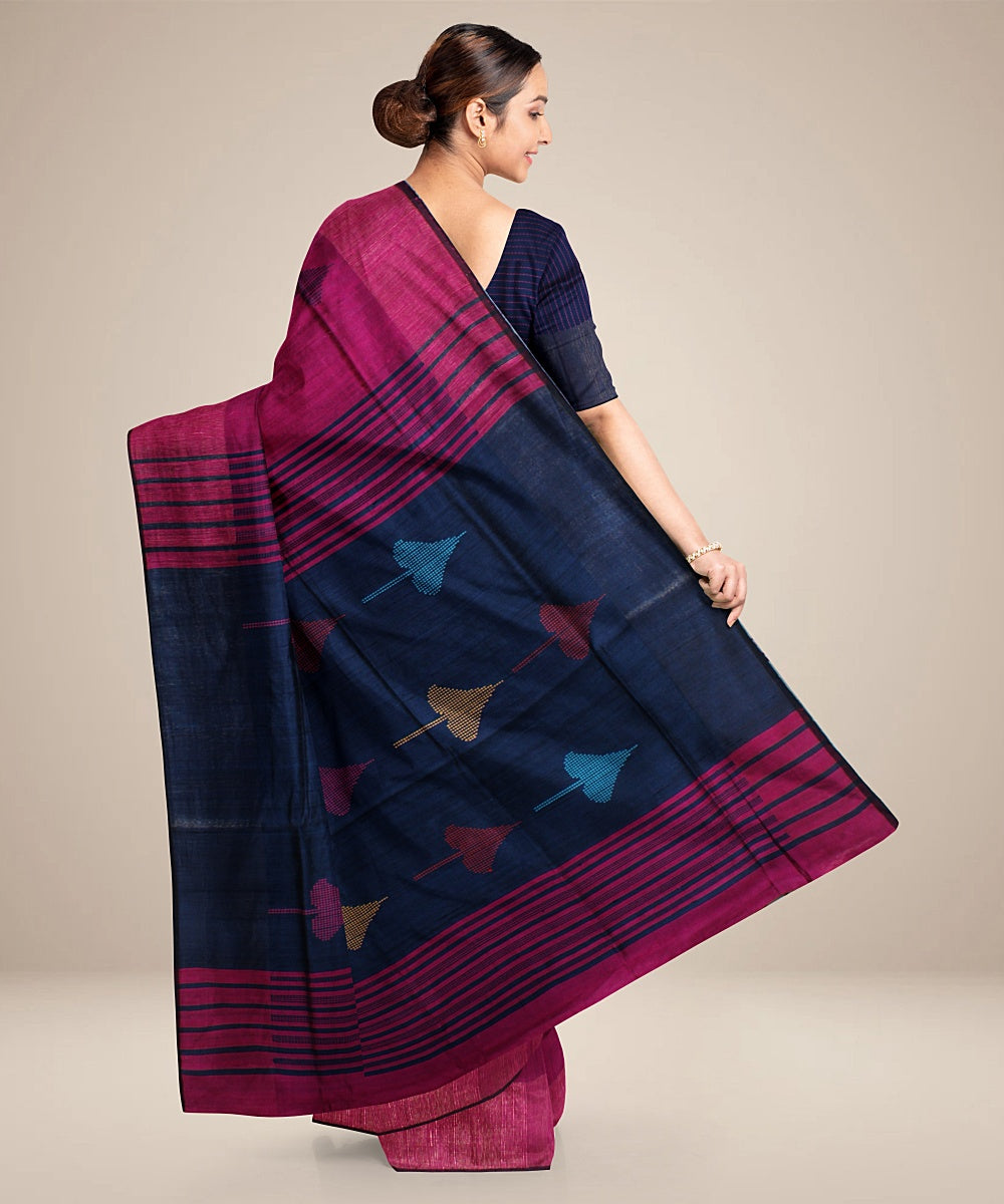 Purple navy blue raw silk handwoven bhagalpur saree