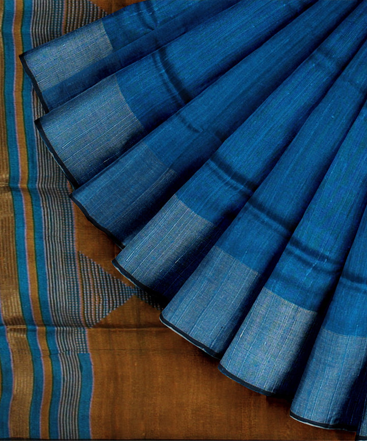 Sky blue mustard handwoven raw silk bhagalpur saree