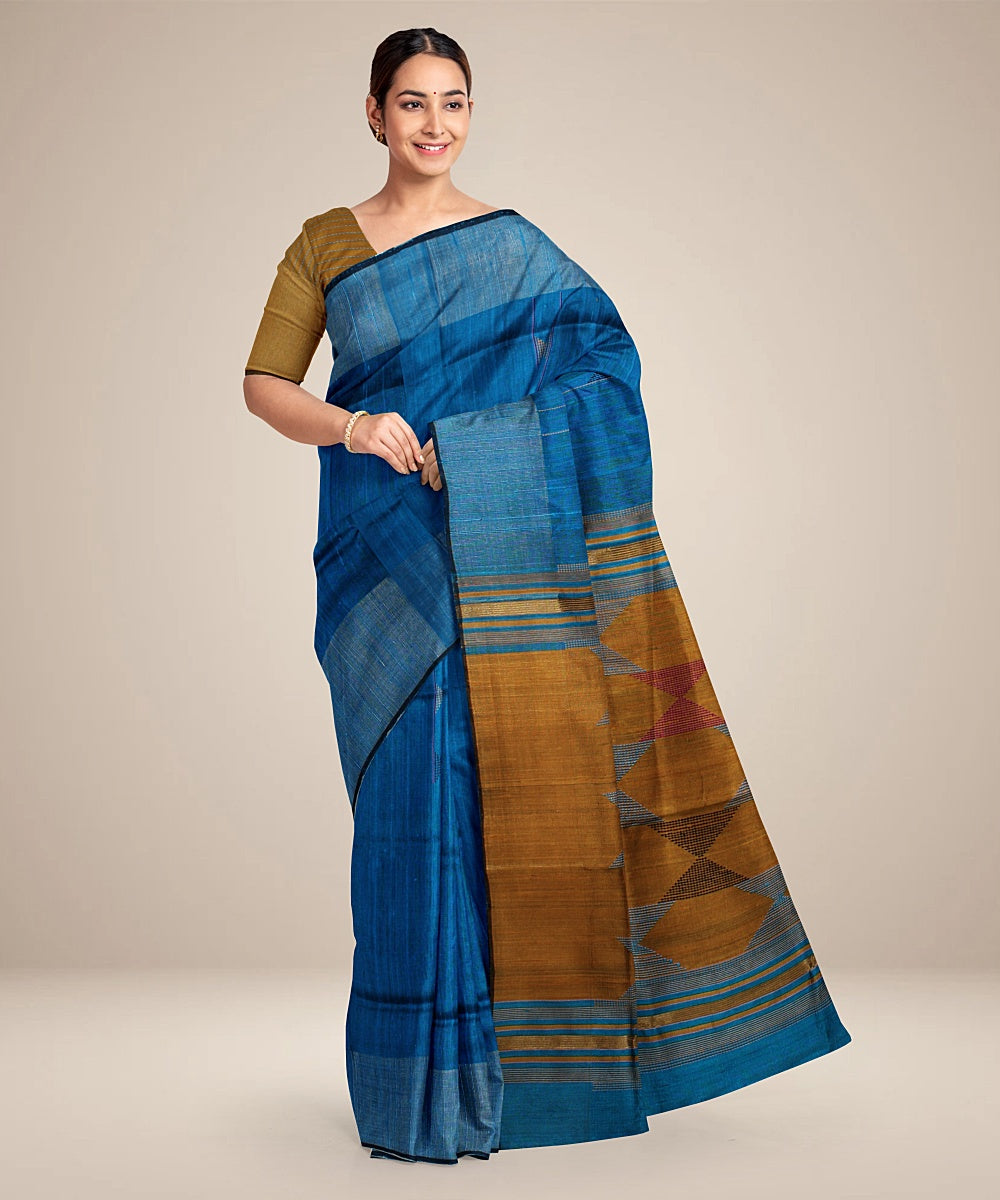 Sky blue mustard handwoven raw silk bhagalpur saree