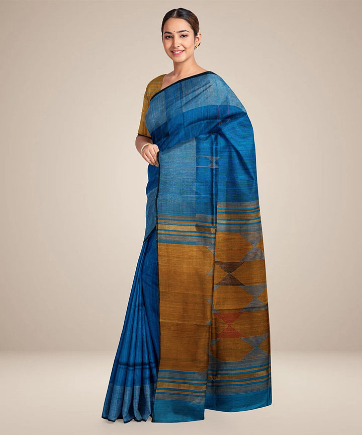 Sky blue mustard handwoven raw silk bhagalpur saree