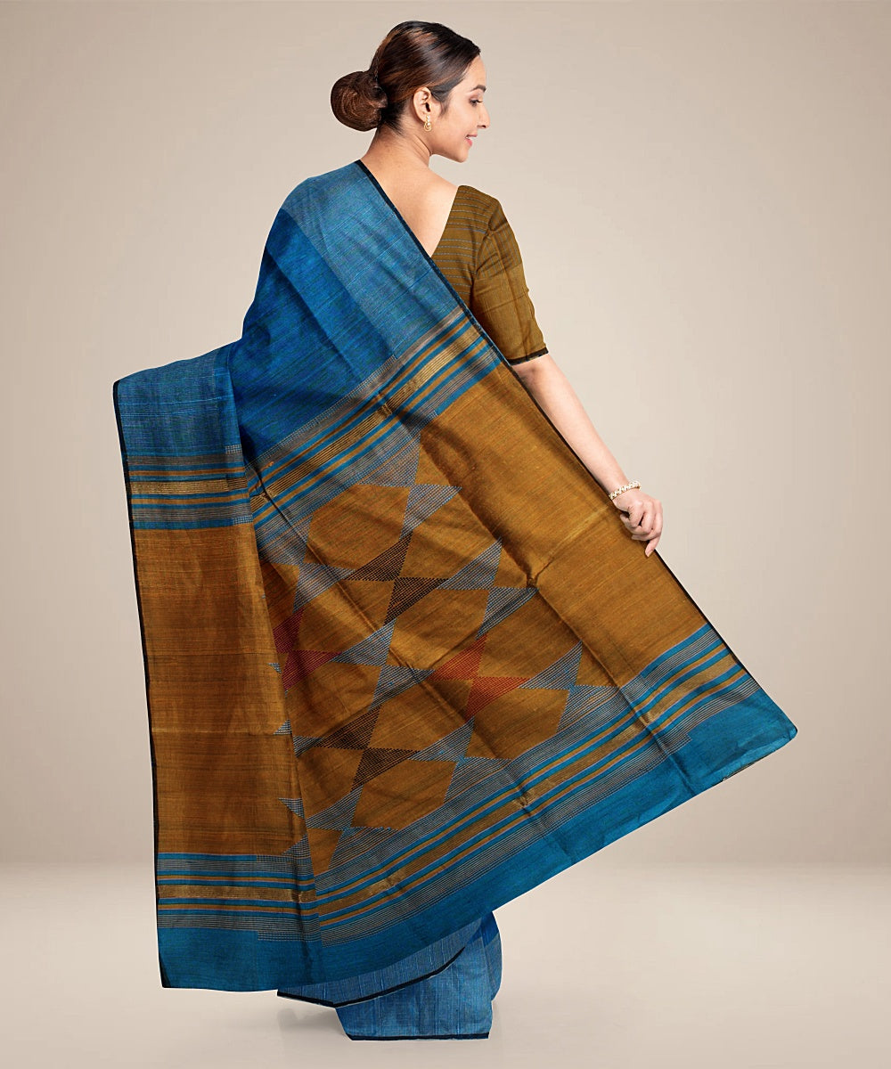 Sky blue mustard handwoven raw silk bhagalpur saree