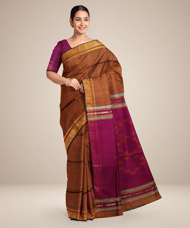 Mustard purple handwoven raw silk bhagalpur saree