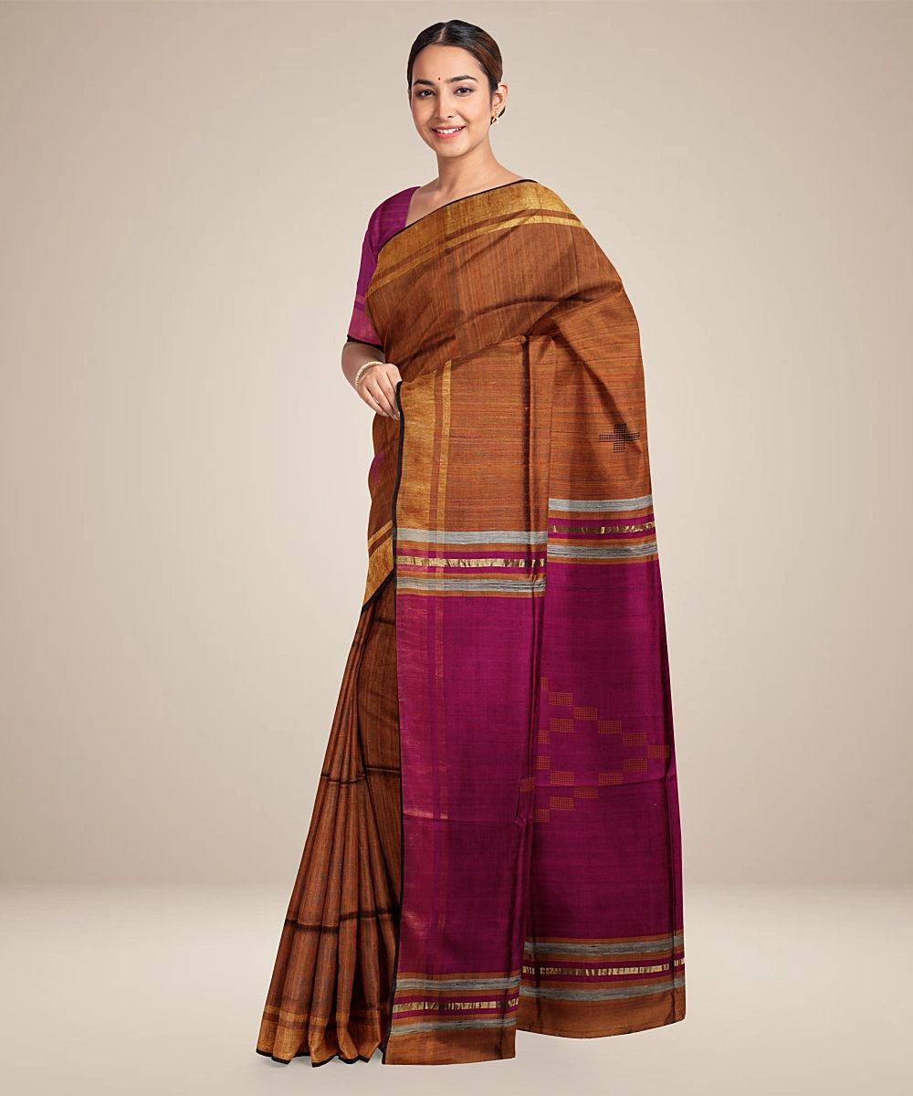 Mustard purple handwoven raw silk bhagalpur saree