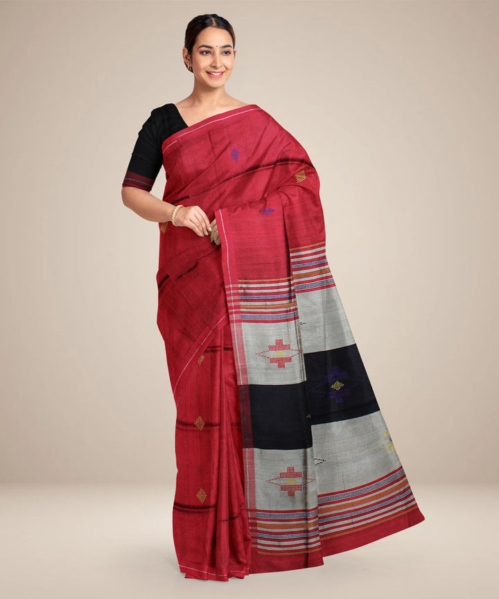 Red grey handwoven raw silk bhagalpur saree