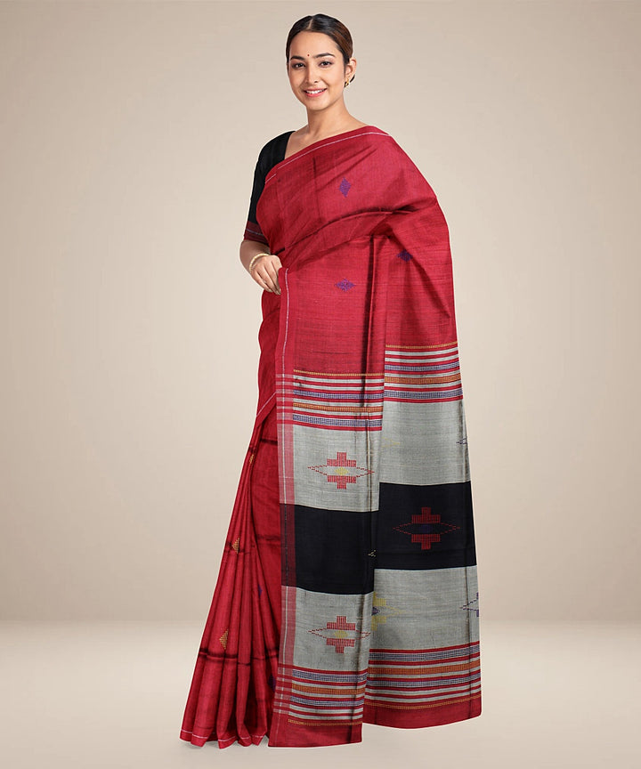 Red grey handwoven raw silk bhagalpur saree