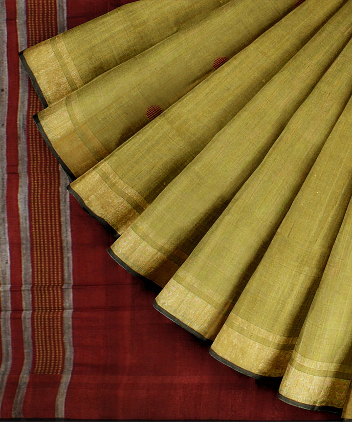 Light green maroon handwoven raw silk bhagalpur saree