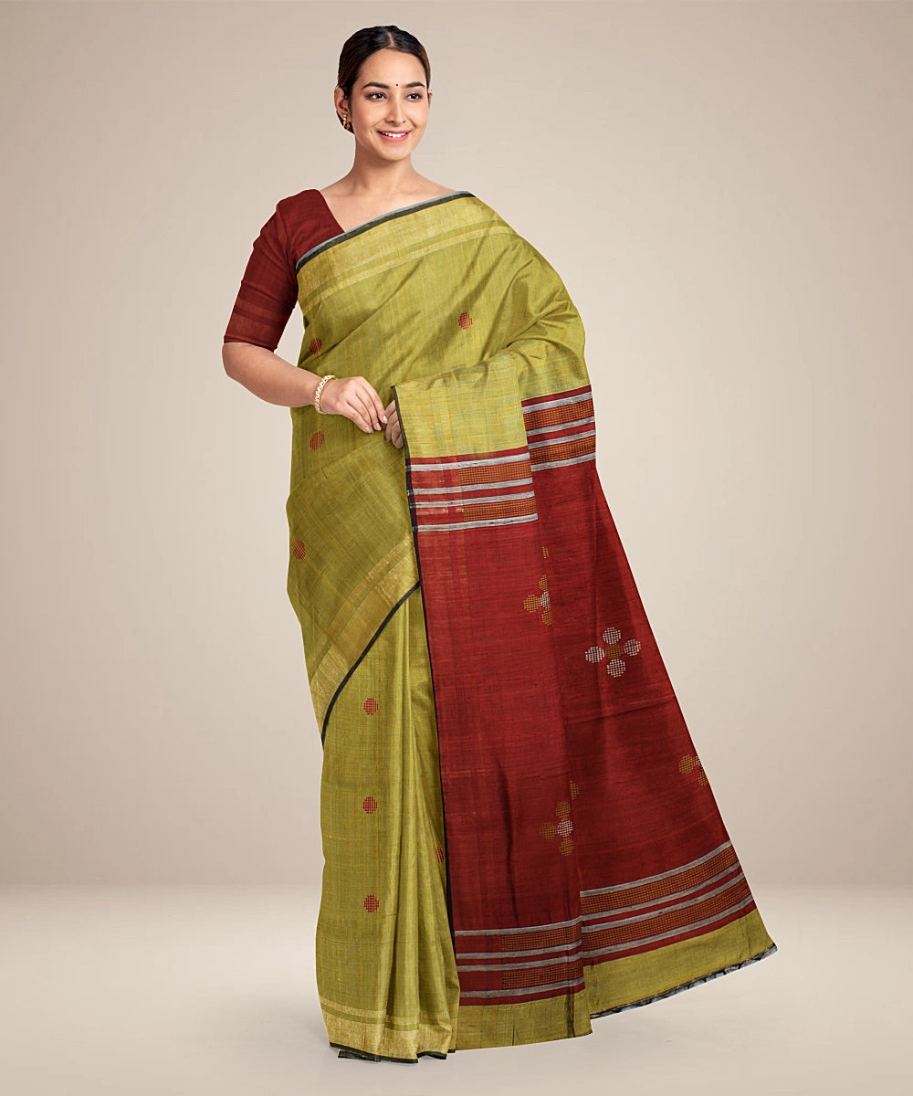 Light green maroon handwoven raw silk bhagalpur saree