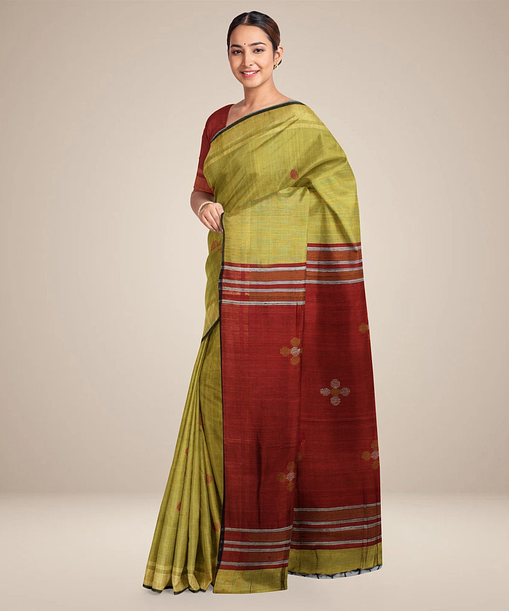 Light green maroon handwoven raw silk bhagalpur saree