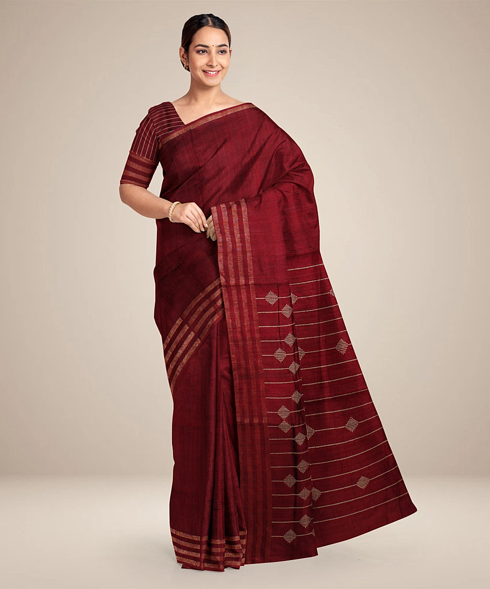 Maroon handwoven raw silk bhagalpur saree