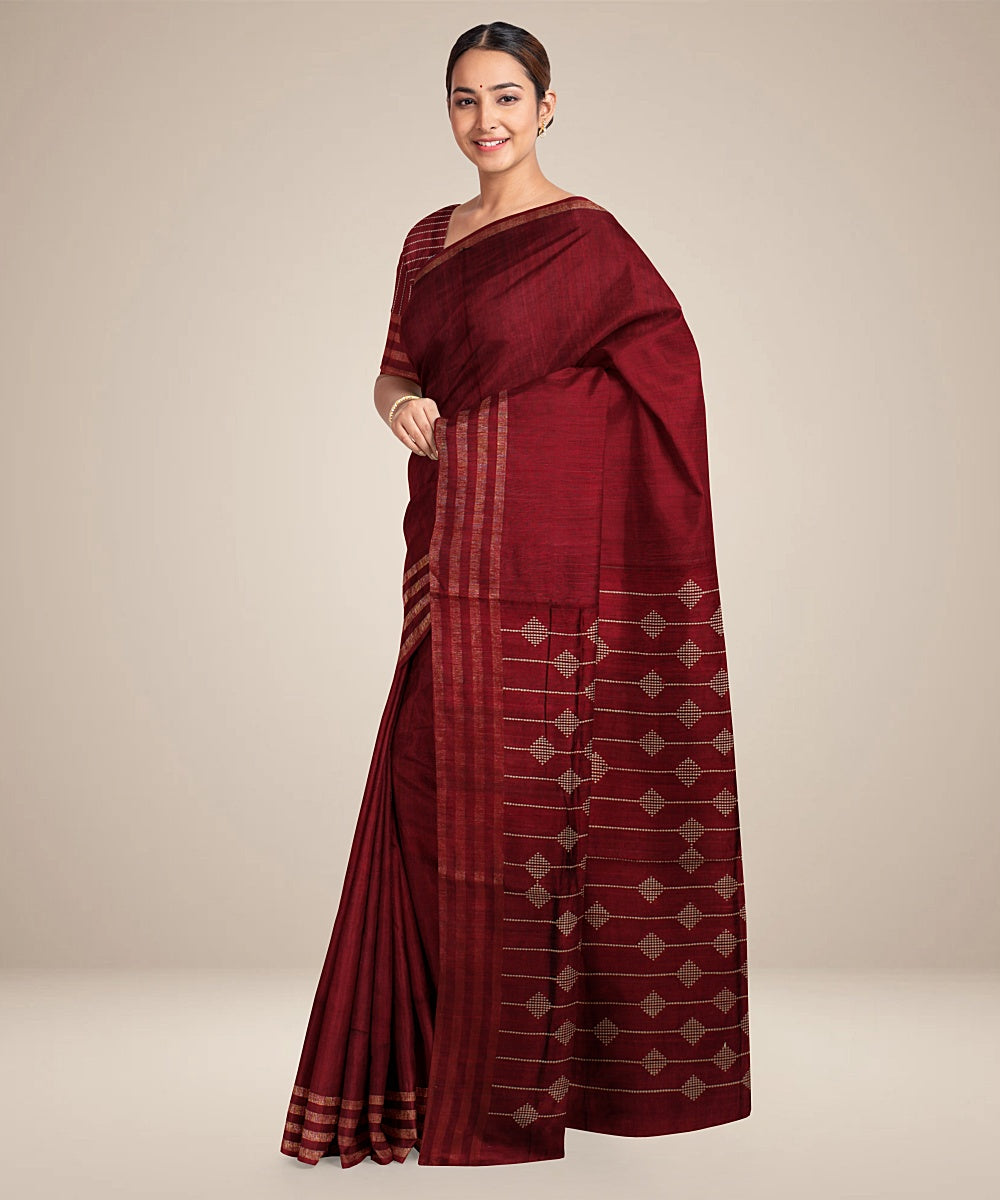 Maroon handwoven raw silk bhagalpur saree