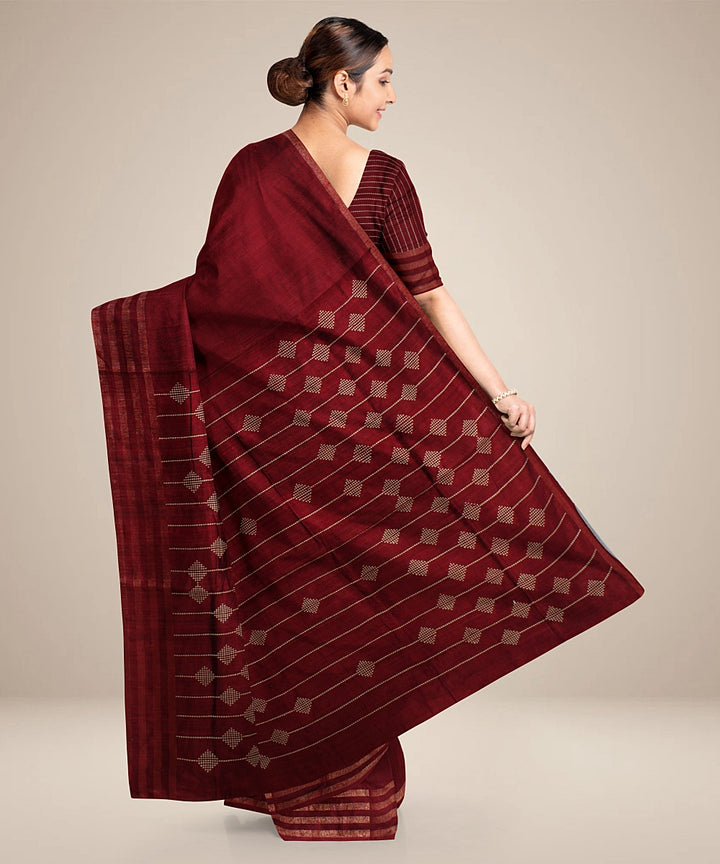 Maroon handwoven raw silk bhagalpur saree