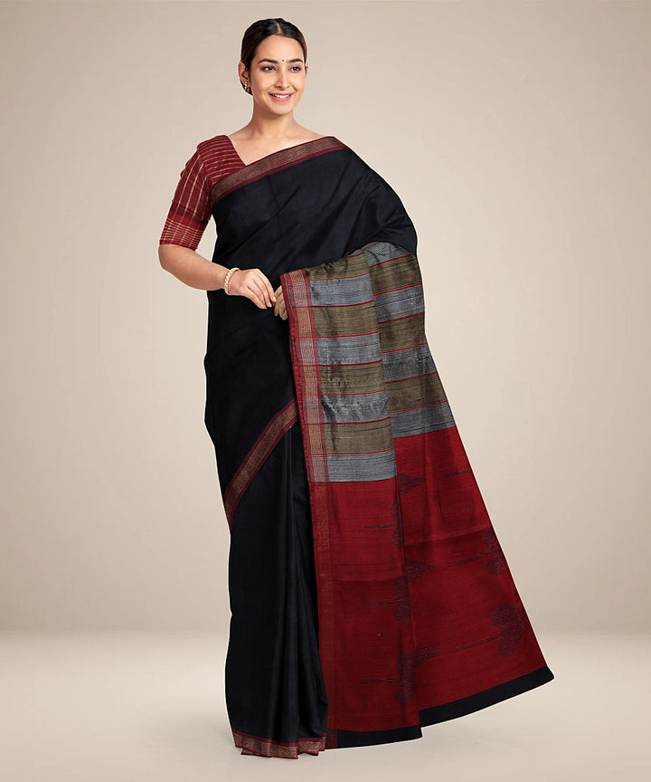 Black maroon handwoven raw silk bhagalpur saree