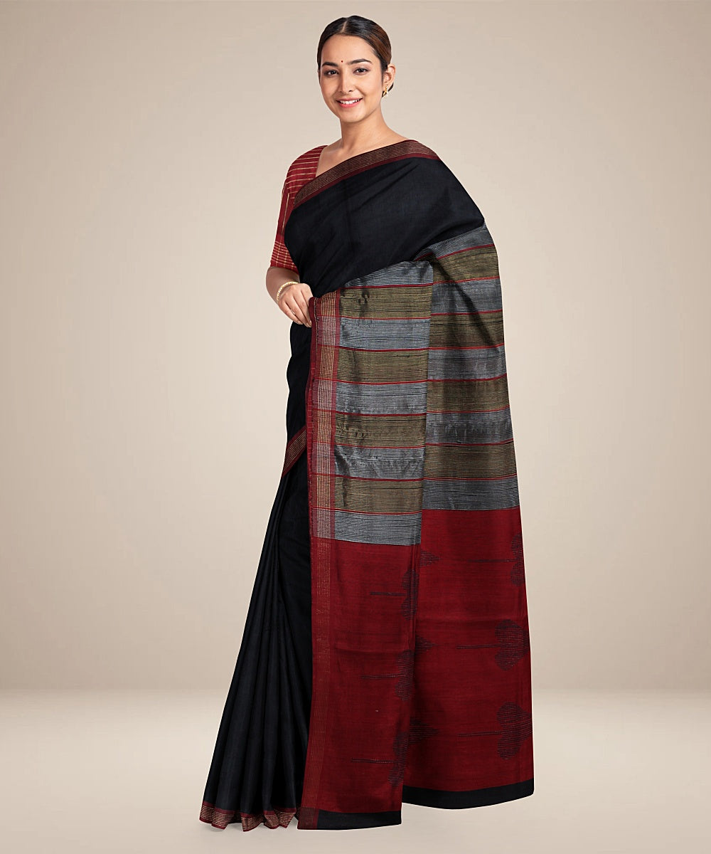 Black maroon handwoven raw silk bhagalpur saree