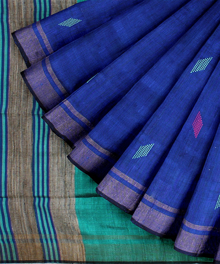 Navy blue cyan blue handwoven raw silk bhagalpur saree