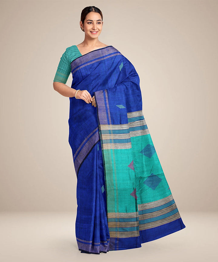 Navy blue cyan blue handwoven raw silk bhagalpur saree