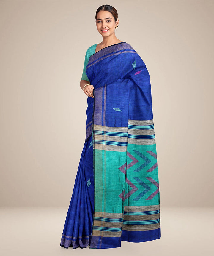 Navy blue cyan blue handwoven raw silk bhagalpur saree