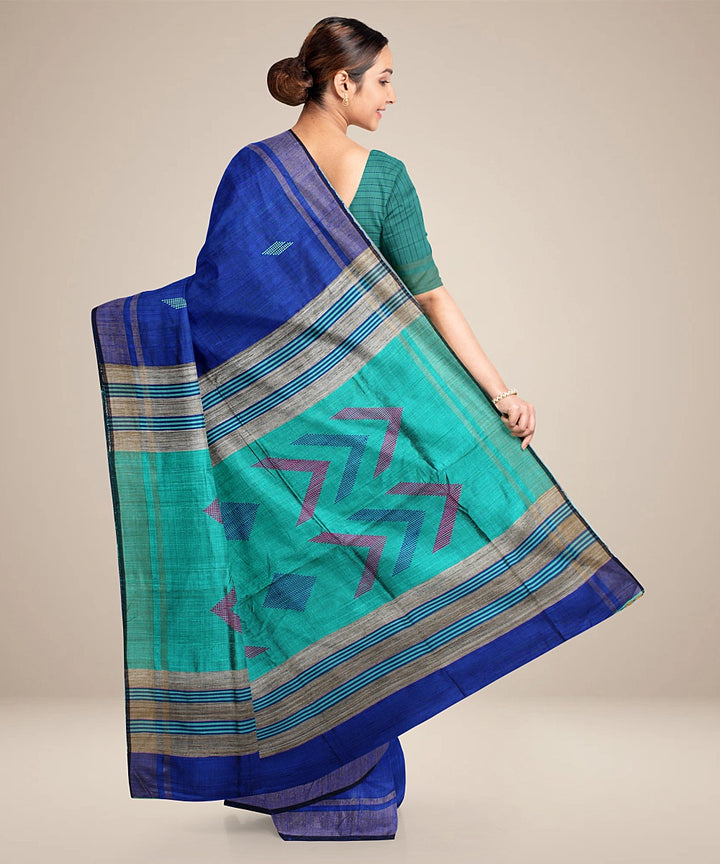 Navy blue cyan blue handwoven raw silk bhagalpur saree