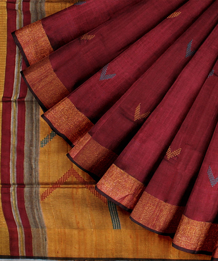 Maroon mustard handwoven raw silk bhagalpur saree