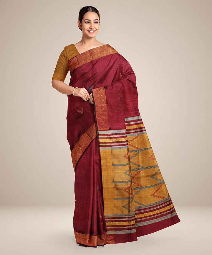 Maroon mustard handwoven raw silk bhagalpur saree