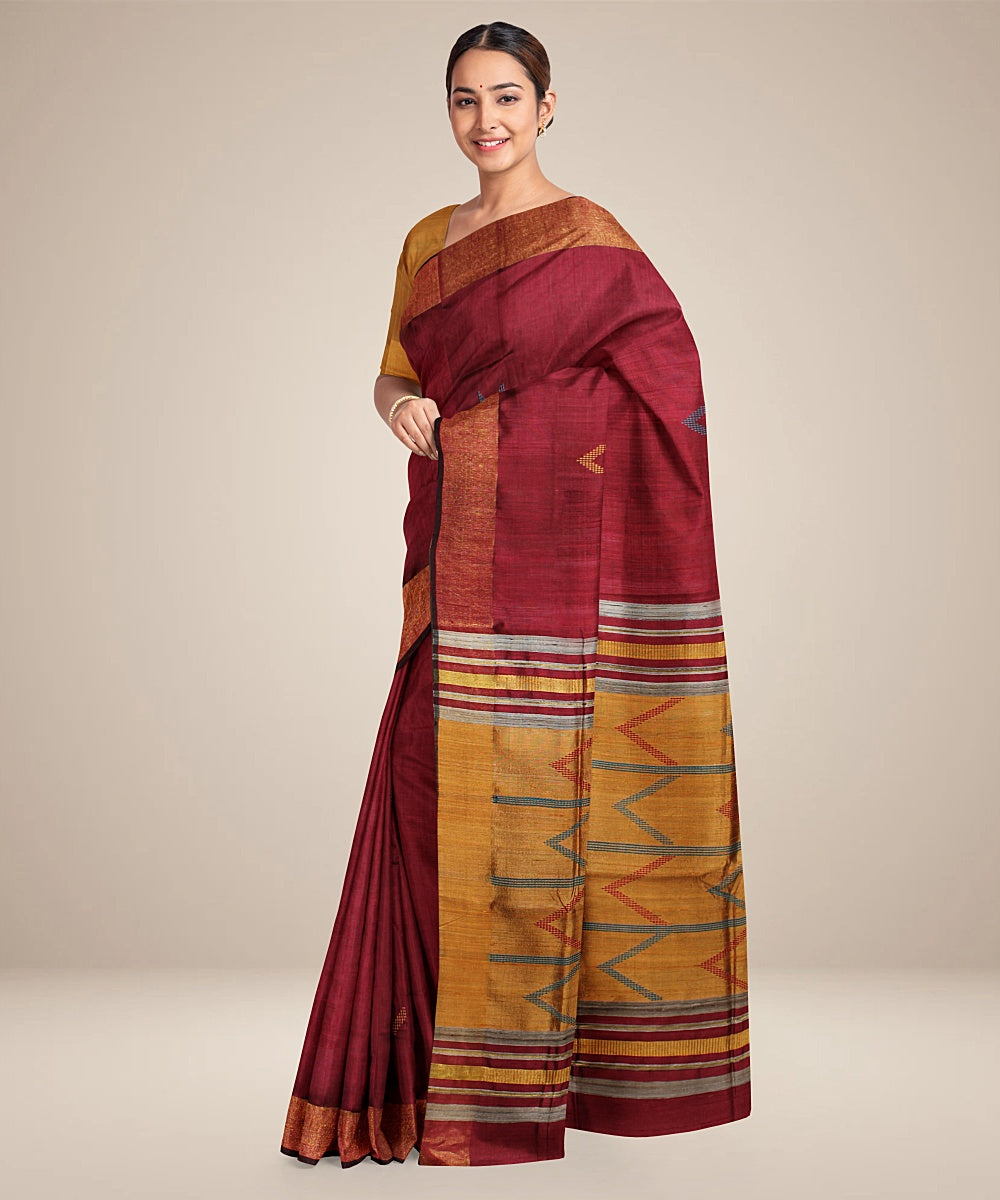 Maroon mustard handwoven raw silk bhagalpur saree