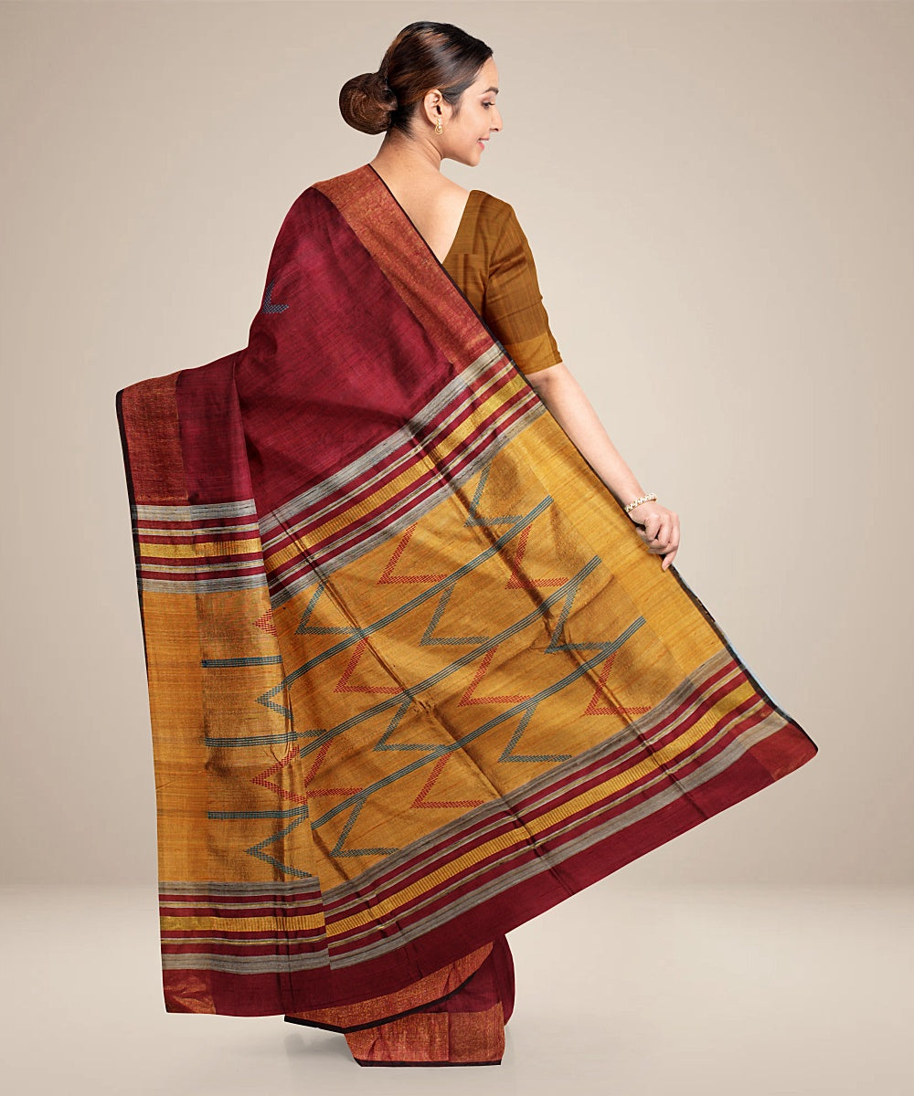 Maroon mustard handwoven raw silk bhagalpur saree